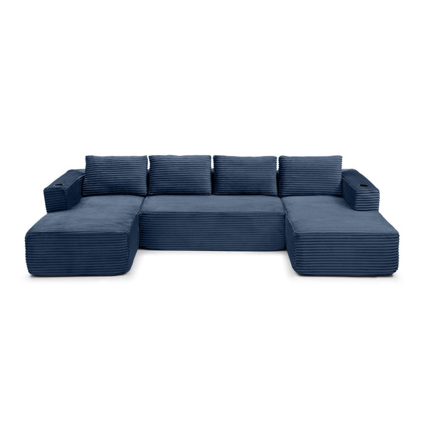 English Elm 132" Modular U-shaped Cloud Sectional Corduroy Deep Seat Sofa with Cupholders W1117S00345