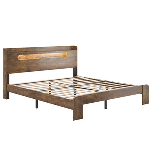 English Elm Bed Queen Platform Frame Wood Headboard Led Lighting Usb Charging Under Storage W636131368