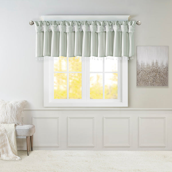 JLA Home Madison Park - Lightweight Faux Silk Valance with Beaded Trim, Lined Twist-Tab Top for Privacy and Elegant Draping Dusty Aqua MP41-4455