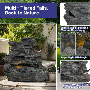 English Elm Christopher Knight Home® - 4-Tiered Concrete Waterfall Fountain with LED Glow, Weather-Resistant Outdoor Garden Accent, Soothing Ambiance N765P324559G