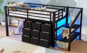 English Elm Twin Metal Low Loft Bed with Storage Stairs Fabric Drawers and Built-in Lights Black W5305S00045