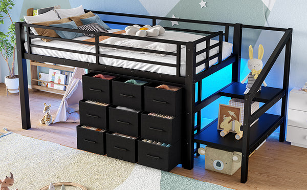English Elm Twin Metal Low Loft Bed with Storage Stairs Fabric Drawers and Built-in Lights Black W5305S00045