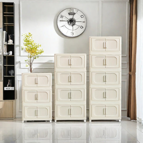 English Elm Cream 4-Tier Folding Storage Cabinet On Wheels – Versatile, Collapsible & Durable Organization Solution W2873P239387