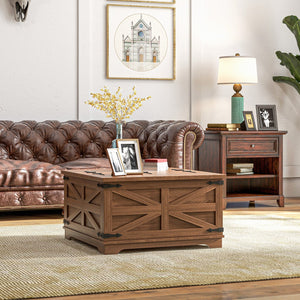 English Elm HOMCOM Farmhouse Coffee Table with Flip Lift Top and Hidden Storage, Square Center Table, Rustic Charm Brown W2225P217458