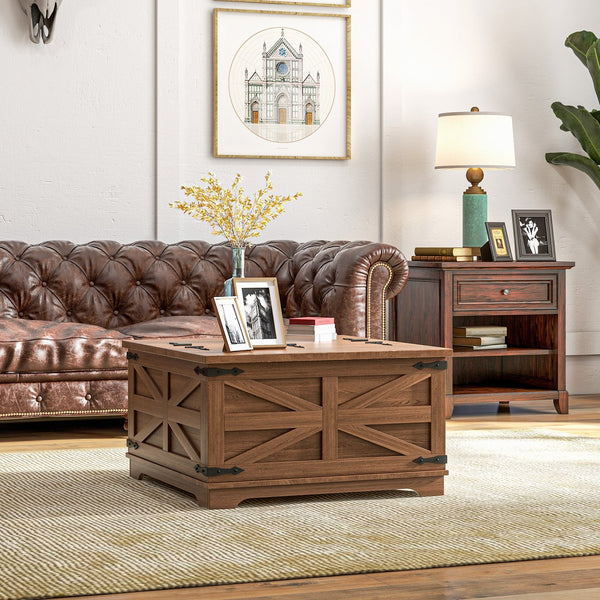 English Elm HOMCOM Farmhouse Coffee Table with Flip Lift Top and Hidden Storage, Square Center Table, Rustic Charm Brown W2225P217458