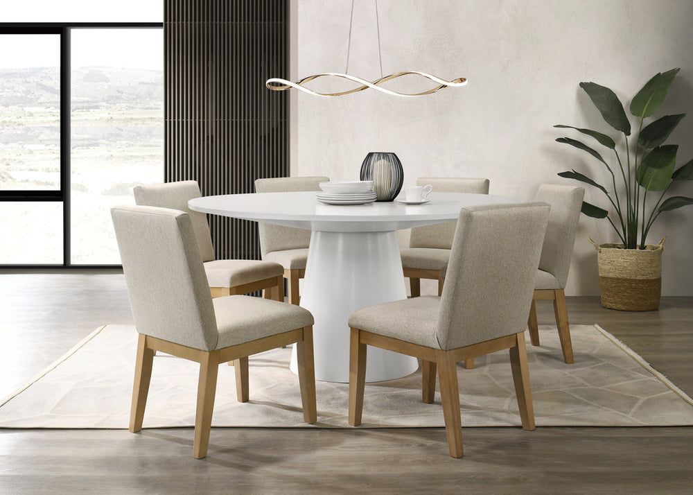 English Elm Jacopo Round Pedestal Dining Set Seats Six with Natural Wood Grain and Black Chairs B2749S00005