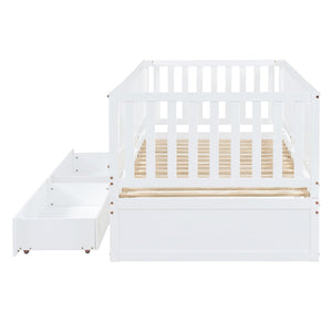 English Elm Twin Pinewood Daybed with Fence Guardrails Two Storage Drawers and Split Floor Bed White LP200881AAK