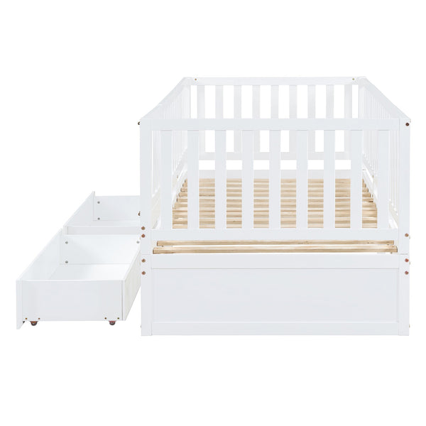 English Elm Twin Pinewood Daybed with Fence Guardrails Two Storage Drawers and Split Floor Bed White LP200881AAK