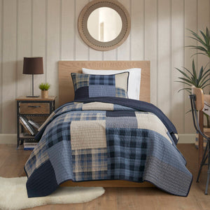 English Elm 2-piece Cotton Patchwork Quilt Set Navy Denim Plaid All Season Twin Bedding B035P463256