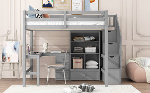 English Elm Full Full Size Loft Bed with L-Shaped Desk, Drawers, Cabinet and Staircase Storage for Space-Saving Rooms Gray GX000469AAE