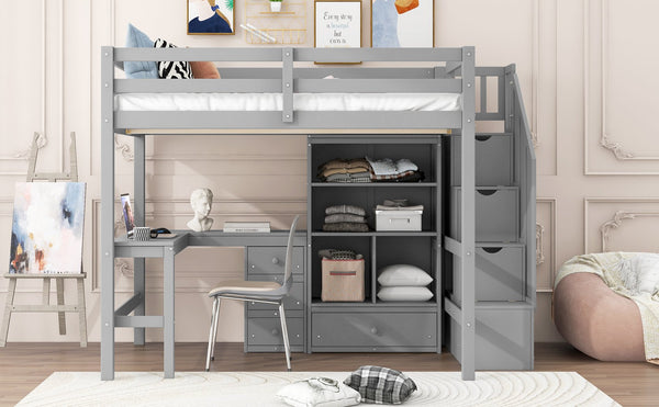 English Elm Full Full Size Loft Bed with L-Shaped Desk, Drawers, Cabinet and Staircase Storage for Space-Saving Rooms Gray GX000469AAE