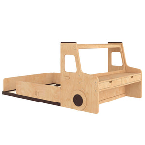 English Elm Full Size Car Shaped Kids Platform Bed with Storage Drawers Integrated Desk Pine Wood Natural W1580S00489