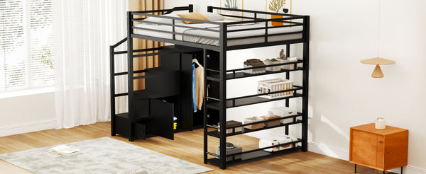 English Elm Queen Metal Loft Bed with Wardrobe Shelves and Staircase Storage in Matte Black N7090004203B