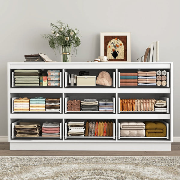 English Elm 9 Drawer Matte Wood Dresser with Wave Front Mid Century Modern Low Profile Storage White W409P387581