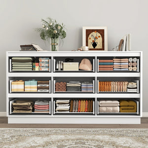English Elm 9 Drawer Mid Century Wood Dresser Low Profile Matte Finish Bedroom Storage Cabinet White W409S00013