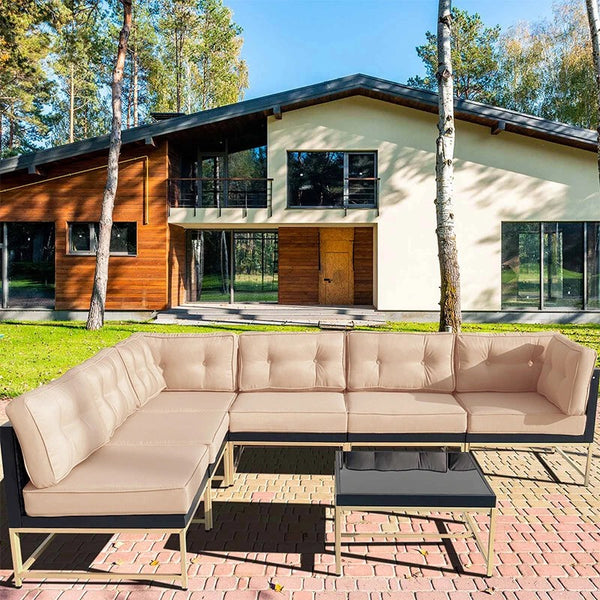English Elm 7-piece Outdoor Modular Sectional with Rust-resistant Frame and Tempered Glass Table T5880S00014