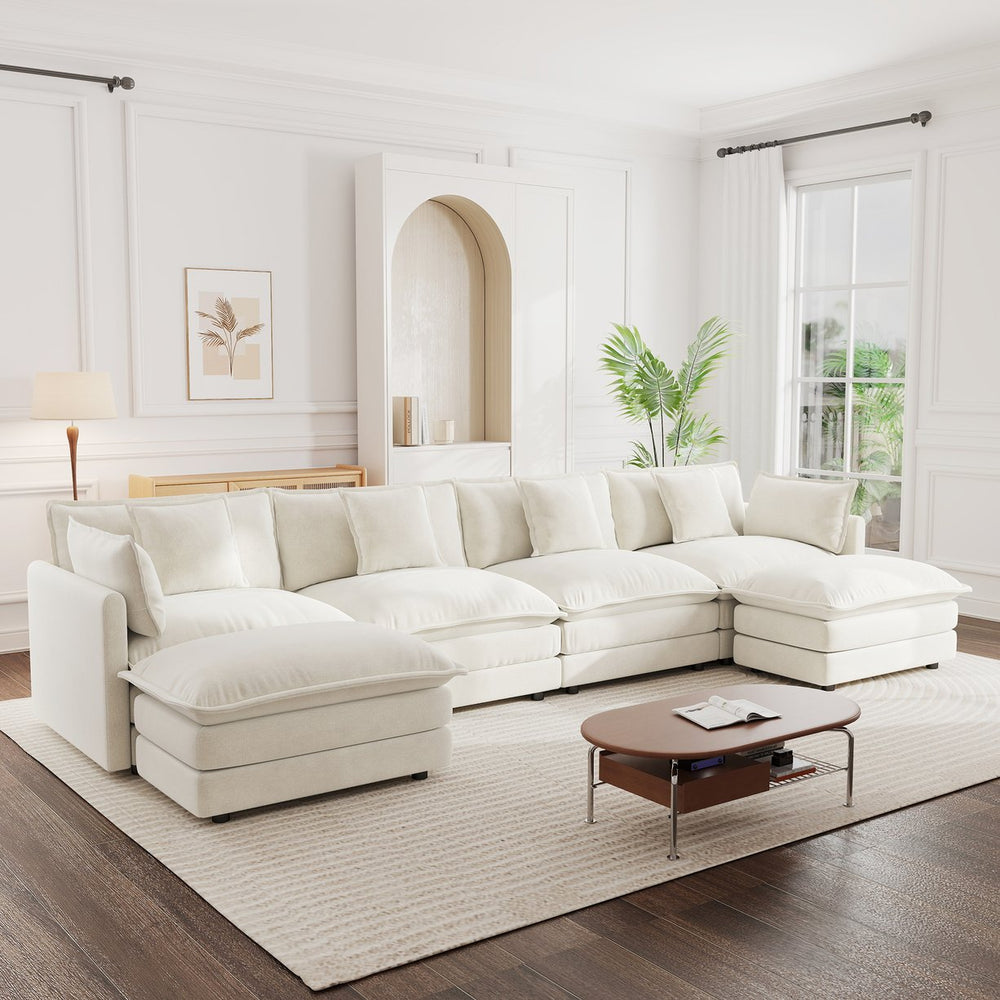 English Elm Comfort Modular U-shape Sectional Sofa White Chenille with Reversible Chaise and Ottomans W714S00564