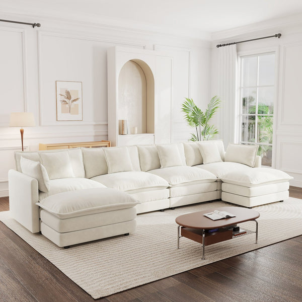 English Elm Comfort Modular U-shape Sectional Sofa White Chenille with Reversible Chaise and Ottomans W714S00564