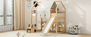 English Elm Twin House Loft Bed with Tent Canopy Slide and Shelves Pinewood Kids Frame Natural LT000682AAD-1