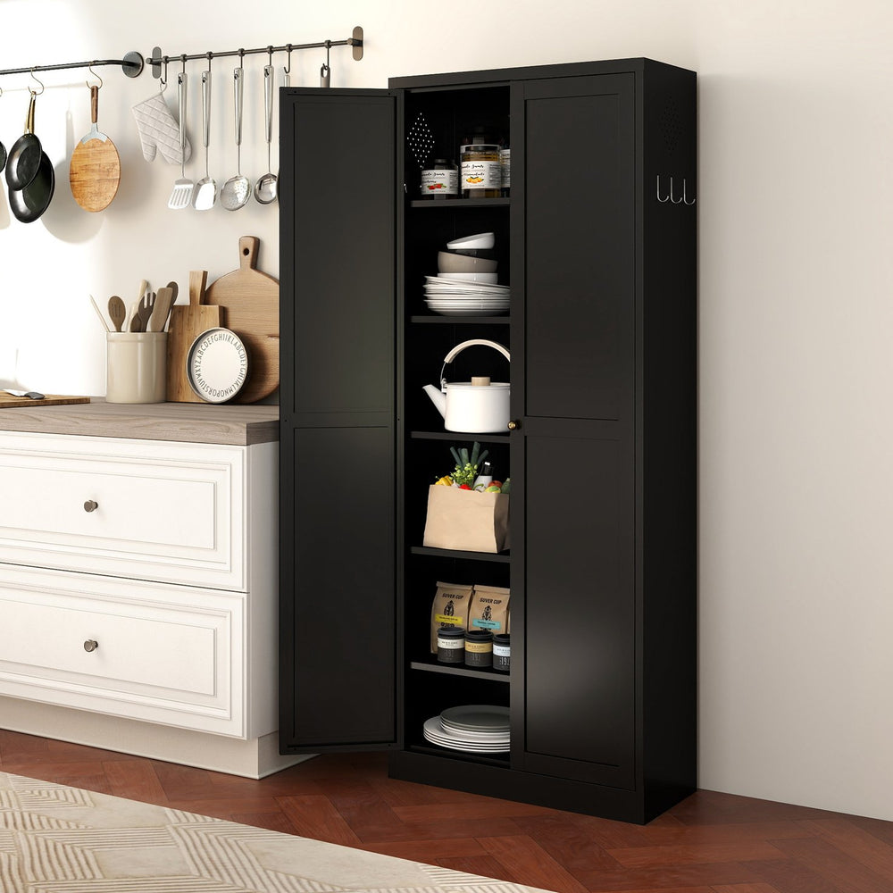 English Elm 61" Matte Black Steel Freestanding Pantry Cabinet with 4 Adjustable Shelves Modern Farmhouse T2398P465984