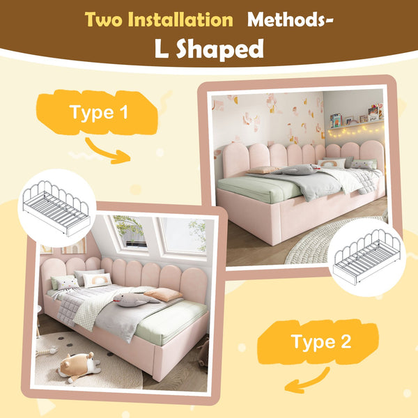 English Elm Upholstered Twin Daybed with Pull-Out Trundle, Velvet Upholstery, Metal Slatted Frame, 300lb Capacity Pink AA20362122P