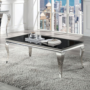 English Elm Glam Stainless Steel Coffee Table with Beveled Tempered Glass Top and Elegant Cabriole-Style Legs Black,Silver 55 L x 30 W x 4 H B011S01173