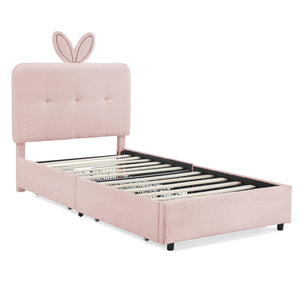 English Elm Twin Kids Boucle Upholstered Bed Rabbit Ear Headboard Led Lighting Four Storage Drawers Pink W1413P384920
