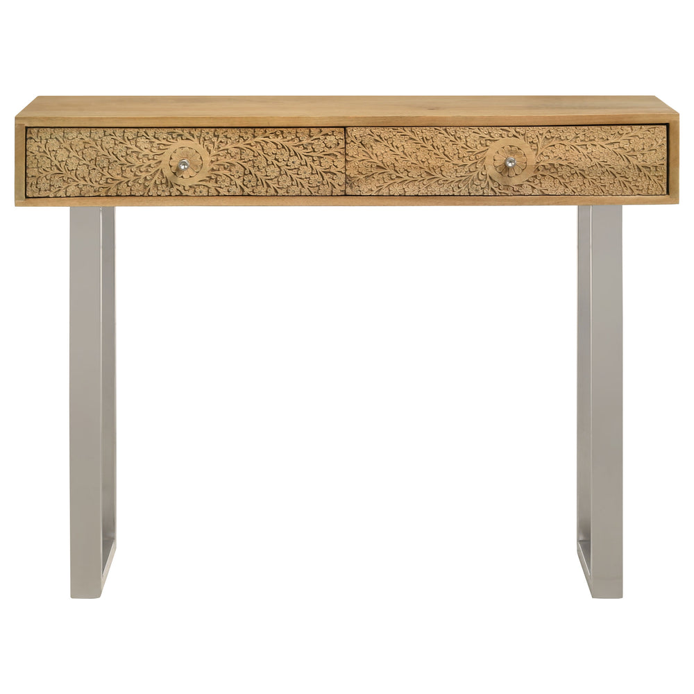 English Elm Harmony Modern Natural & Silver 2-Drawer Console Table with Sled Base, Knob Handles, Warm Wood Charm B062P333444