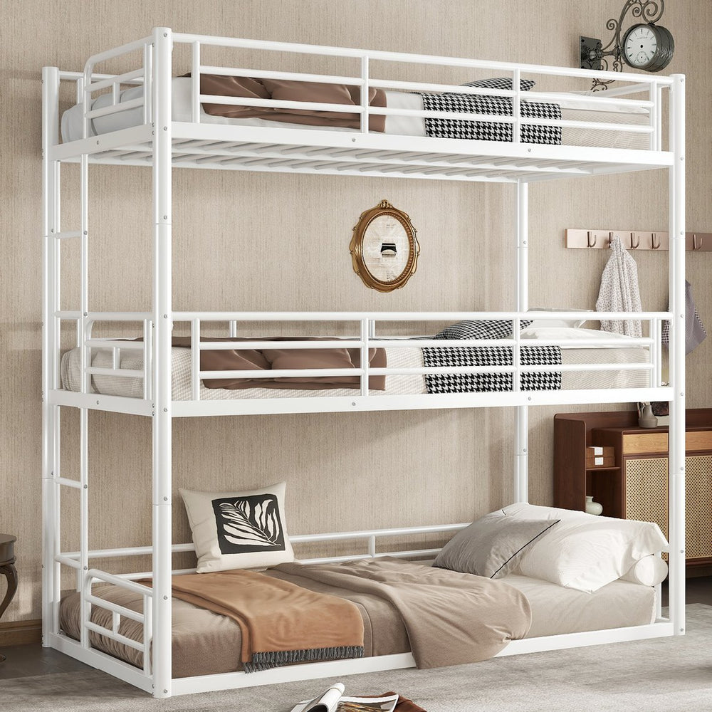 English Elm Twin Triple Metal Bunk Bed Matte Powder Coated Frame with Full Safety Guardrails Light White W1580S00579
