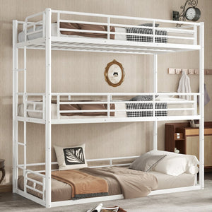 English Elm Twin Triple Metal Bunk Bed Matte Powder Coated Frame with Full Safety Guardrails Light White W1580S00579