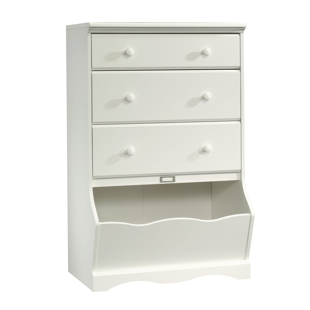 English Elm 3-Drawer Chest with White Finish, Durable Engineered Wood, Kids Organizer with Large Bin, Compact Fit for Small Spaces B356P367976