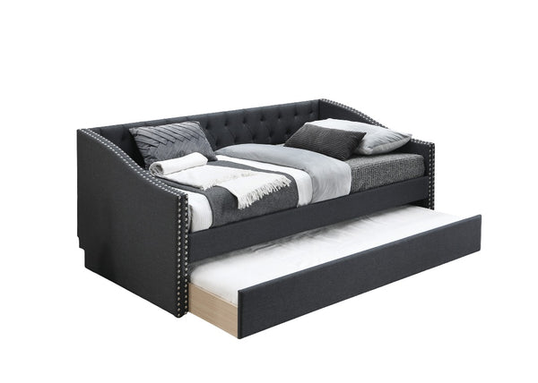 English Elm Contemporary Tufted Burlap Daybed with Pull Out Trundle and Nailhead Trim Detail B011S02042
