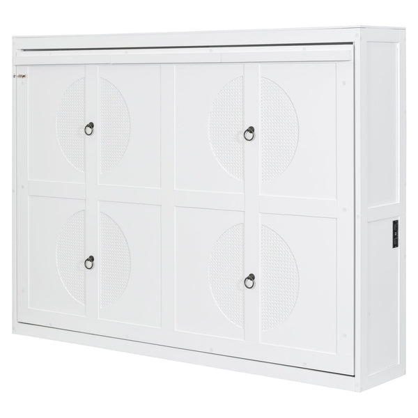 English Elm Full Size Murphy Wall Bed with Rattan Panel Cabinet for Studio and Guest Rooms White N708S00011K-2