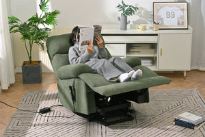 English Elm Oversized Power Lift Recliner Chair with Remote Control, Spacious Fabric Seat and Side Pocket for Comfort and Support Dark Green W1028P261277