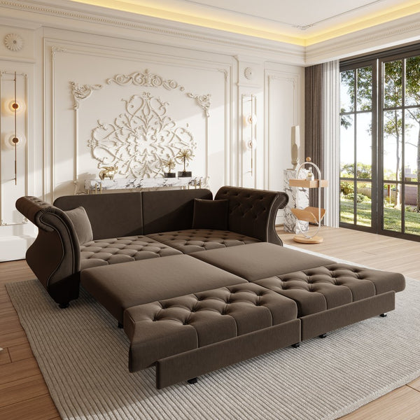English Elm 83.8" Chesterfield Sleeper Sofa Velvet Upholstered with Flower Tufting for Living Room Brown W1885S00402