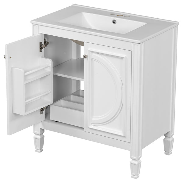 English Elm Christopher Knight Home® - 30" Bathroom Vanity with Sink Vintage Freestanding Ceramic Top Soft-Close Doors Gold Knobs, Storage White N759P226000K