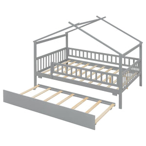 English Elm Full Size Pine House Bed with Roofline Frame and Roll Out Twin Trundle for Kids Gray LP100306AAE