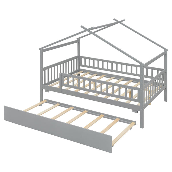 English Elm Full Size Pine House Bed with Roofline Frame and Roll Out Twin Trundle for Kids Gray LP100306AAE
