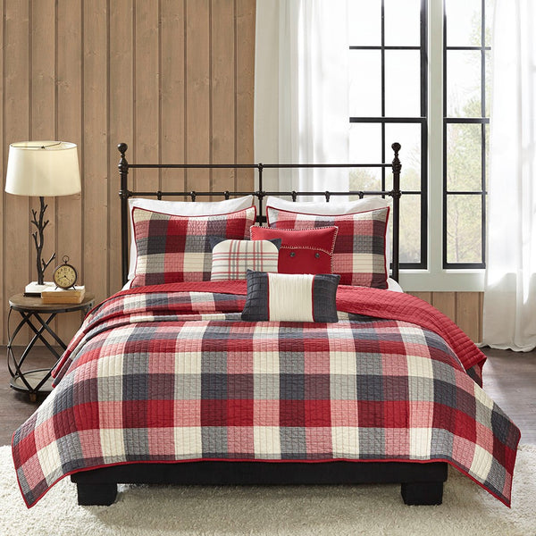 English Elm 6 Ridge Reversible Herringbone Quilt Set with Embroidered Throw Pillows Buffalo Plaid Full/Queen Red 22.83 L x 17.72 W x 11.02 H B03597496