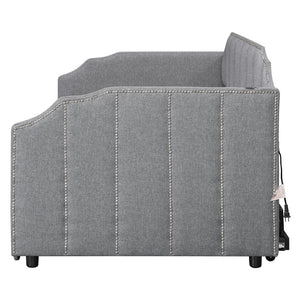 English Elm Twin Linen Upholstered Daybed with Pop up Trundle and Built in Usb Charging Gray SF000199AAE