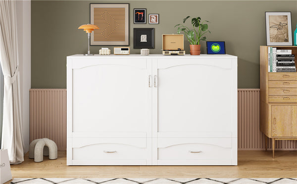 English Elm Queen Murphy Wall Bed with Drawers Usb Charging Ports Pulley Lift Mdf Cabinet White LP100671AAK-1