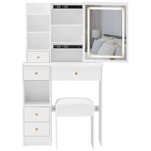 English Elm 29.2" Compact Left Drawer Vanity Table Set With Touch Control Led Mirror & Cushioned Stool For Small Spaces W3258P299611