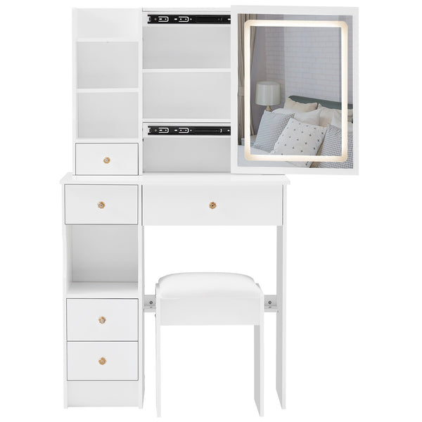 English Elm 29.2" Compact Left Drawer Vanity Table Set With Touch Control Led Mirror & Cushioned Stool For Small Spaces W3258P299611