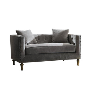 English Elm Sidonia Gray Velvet Loveseat with Button Tufting & Nailhead Trim, Down-Foam Seat, 2 Pillows, Antique Legs B2726P401996