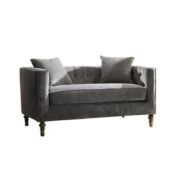 English Elm Sidonia Gray Velvet Loveseat with Button Tufting & Nailhead Trim, Down-Foam Seat, 2 Pillows, Antique Legs B2726P401996