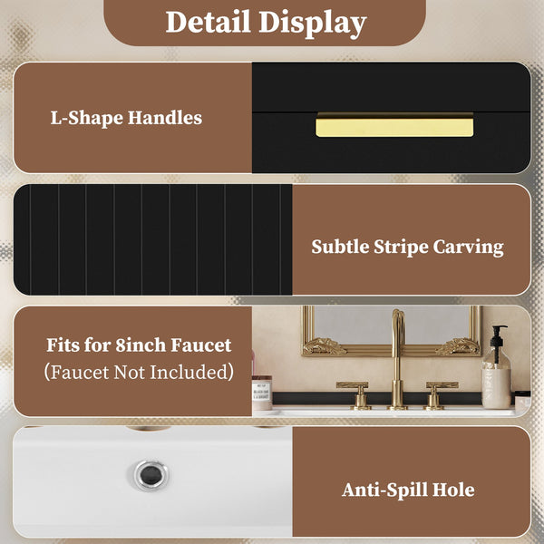 English Elm 30" Bathroom Vanity with Sink — Wall-Mounted Ceramic Basin, Soft-Close Storage, Floating Modern Design Black N710S324096B