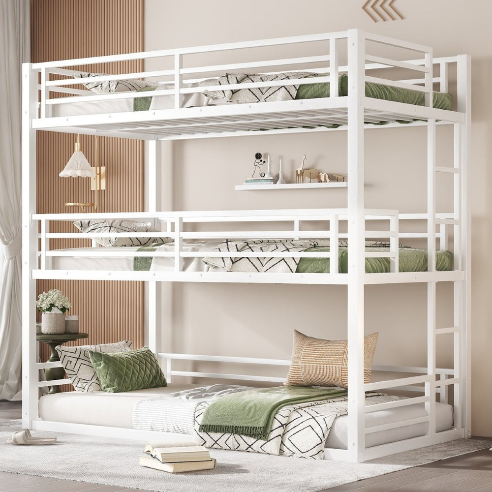 English Elm Twin Xl Triple Bunk Bed - Heavy-Duty Metal Frame With Safety Guardrails & Noise-Reduced Design, White W1580S00165-GIGA