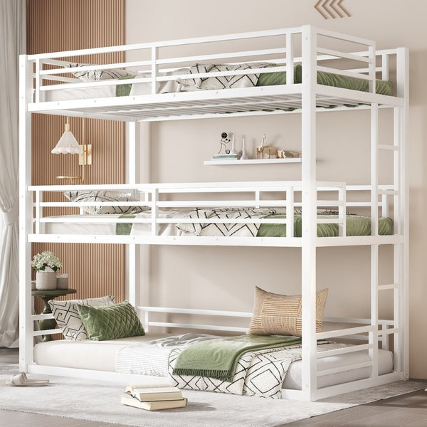 English Elm Twin Xl Triple Bunk Bed - Heavy-Duty Metal Frame With Safety Guardrails & Noise-Reduced Design, White W1580S00165-GIGA