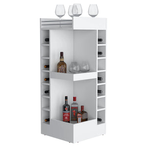 English Elm White Tall Bar Cabinet with Wine Rack, Open Shelves & Modern White Finish for Stylish Storage and Display B062P290258