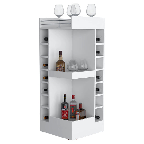 English Elm White Tall Bar Cabinet with Wine Rack, Open Shelves & Modern White Finish for Stylish Storage and Display B062P290258